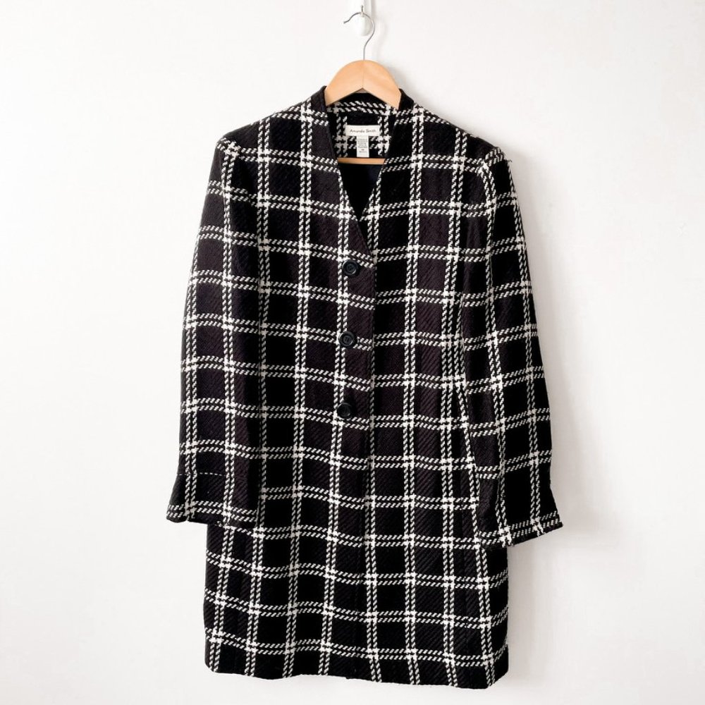 Amanda Smith Black White Check Plaid Tweed Coat Sz 14 - Picture 1 of 6
